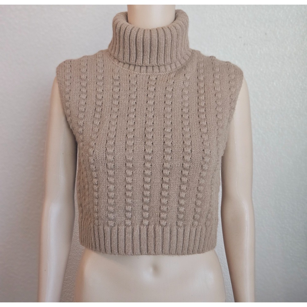 ZARA Light Brown Turtleneck Cropped Sweater Vest with Textured Knit Sz S